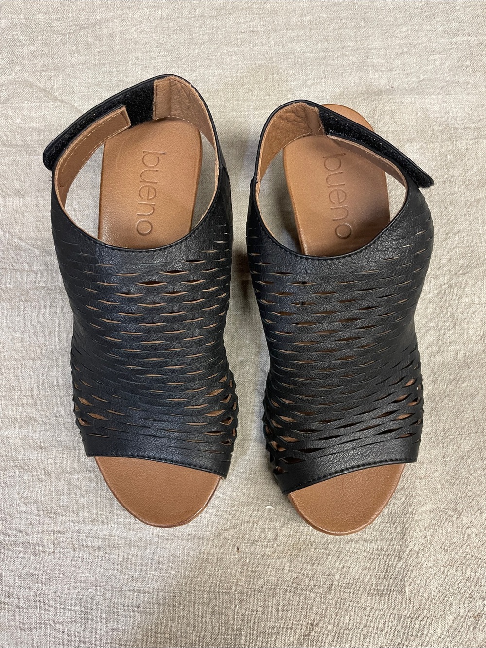 Bueno Black Woven Open-Toe Sandals with Tan Footbed